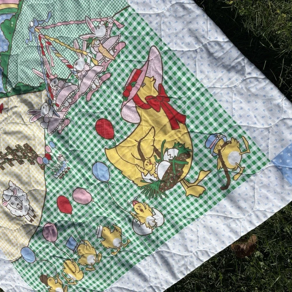 VTG Old McDonald Baby Blanket Quilt Throw Blue White Gingham Sun Rainbow Balloon